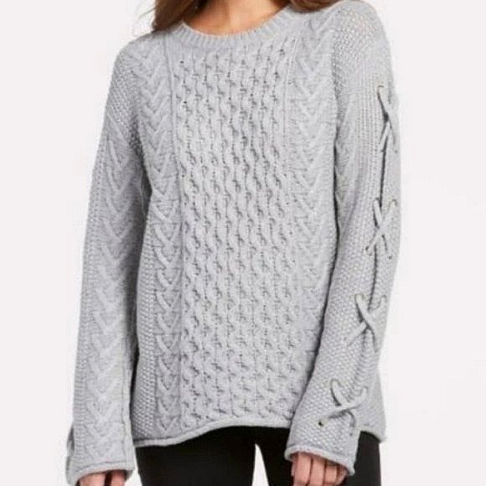 3 For $30 JOHN + JENN Brody Lace Up Sleeve Grey Knited Woven Sweater